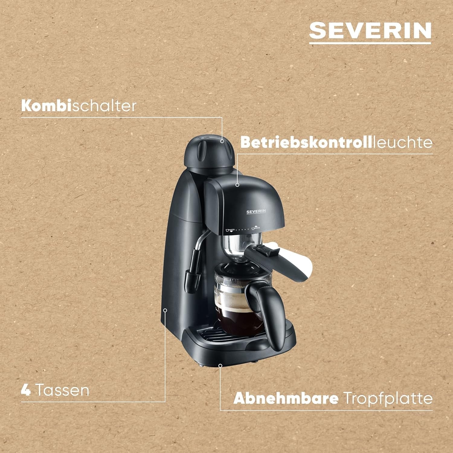 SEVERIN KA 5978 Espressomaschine (inkl. Servierschüssel und Messlöffel, bis zu 4 Tassen) schwarz, Standard