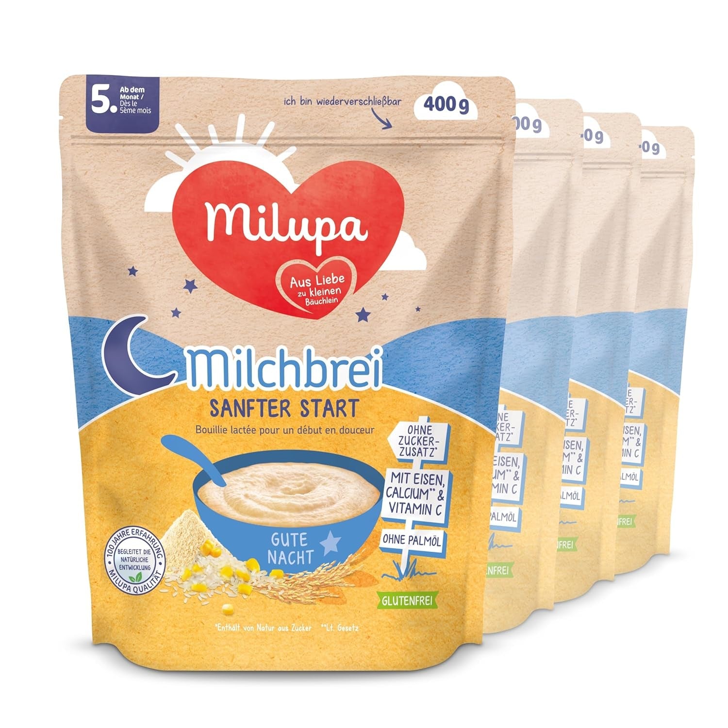 Milchbrei Milupa Gentle Start – Cerealien für Babys ohne Gluten, ohne Palmöl – Ohne Konservierungs- und Farbstoffe – Ab 5 Monaten – 4 x 400 g