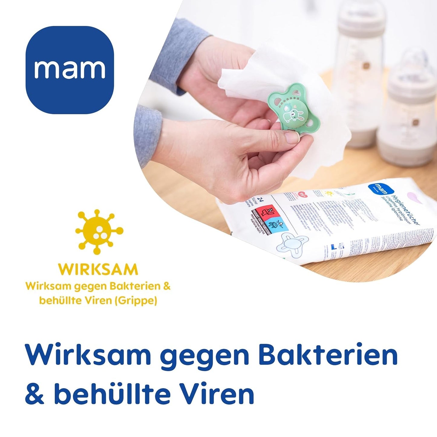MAM Damenbinden 3er-Pack (3 x 24 Stück), Reinigungstücher für medizinische Geräte und Babyzubehör, antibakterielle und virenwirksame Damenbinden
