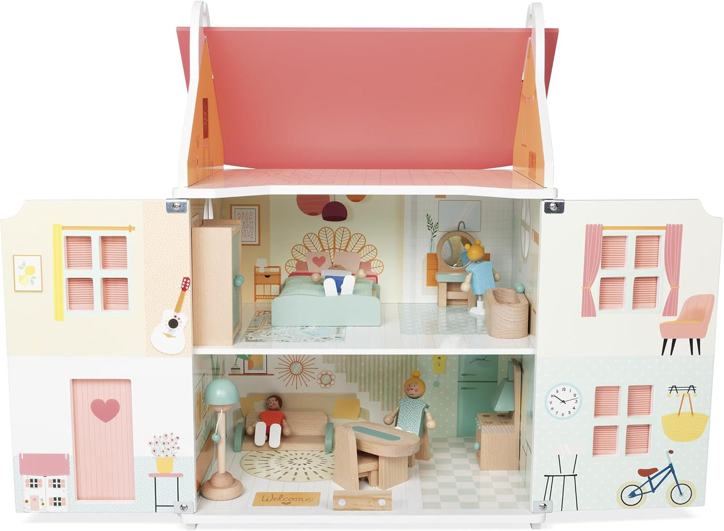 Janod – Mein erstes Puppenhaus aus Holz – 10 Zubehörteile – Puppenmöbel – magnetische Türen und abnehmbares Dach – FSC-zertifiziertes Holzspielzeug – ab 3 Jahren
