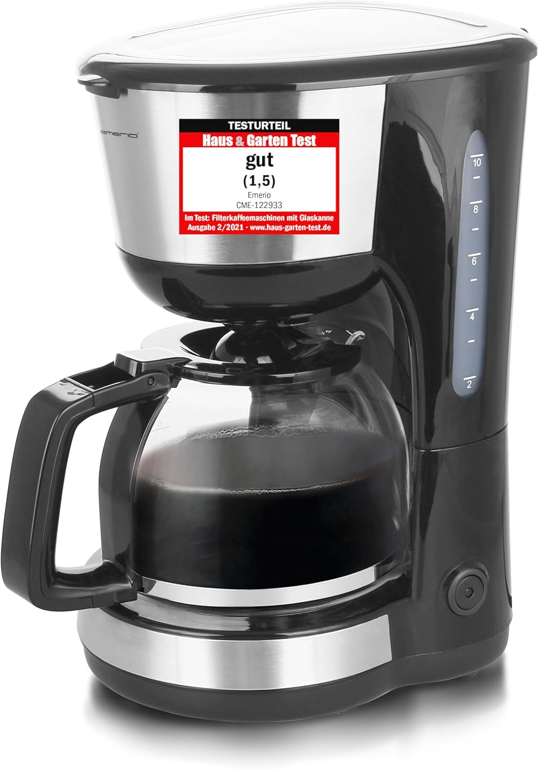 Emerio CME-122933, Filterkaffeemaschine, 1,25 l für bis zu 10 Tassen frischen Kaffee, permanent herausnehmbarer Filter, Anti-Tropf-Funktion, Glaskaraffe, automatische Abschaltung, 1000 Watt, schwarz/silber