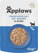 Applaws 100 % natürliches Nassfutter für Katzen, Thunfischfilet mit Krabben in Brühe – Packung mit 12 x 70 g Beuteln