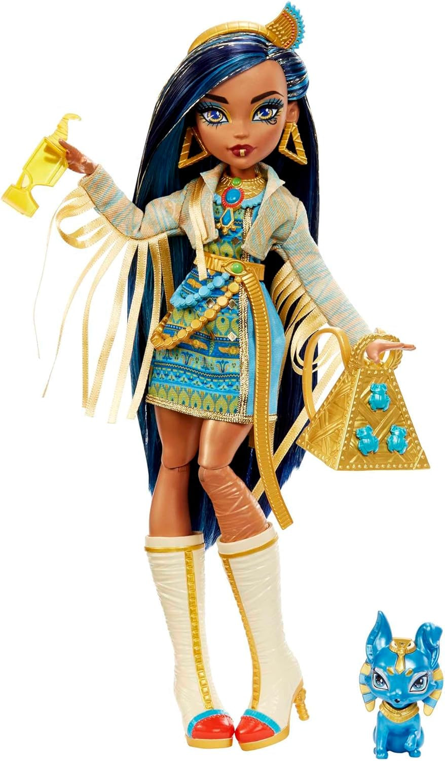 Monster High Cleo de Nile Puppe, Mummie Modepuppe, Königliches Outfit, Killerstiefel, Pyramidenrucksack, Zubehör, für Kinder ab 4 Jahren, HHK54