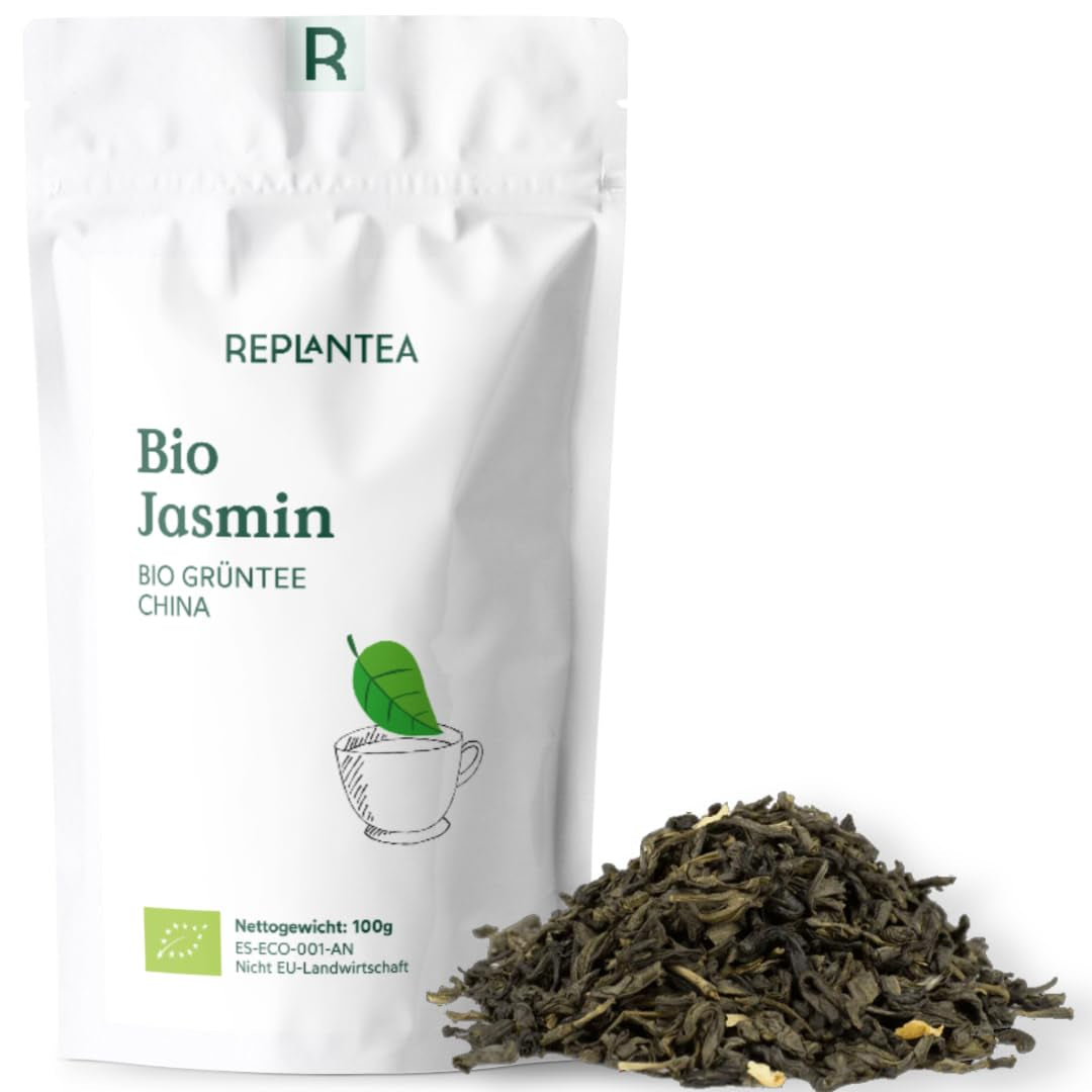 Bio-Grüntee mit Jasmin 100 g (50 Tassen) | Jasmintee aus China in Großpackung, Bio-Qualität REPLANTEA