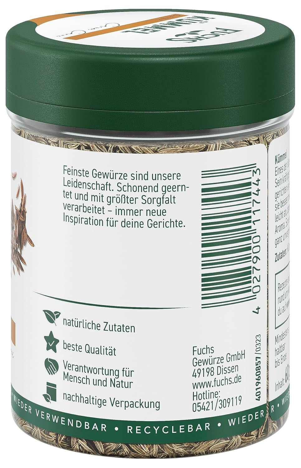Fuchs Gewürze - Kümmel ganz - kräftiges Gewürz für Kohl- und Fleischgerichte oder zu Bratkartoffeln - natürliche Zutat - 60 g in wiederverwendbarer, recyclebarer Dose