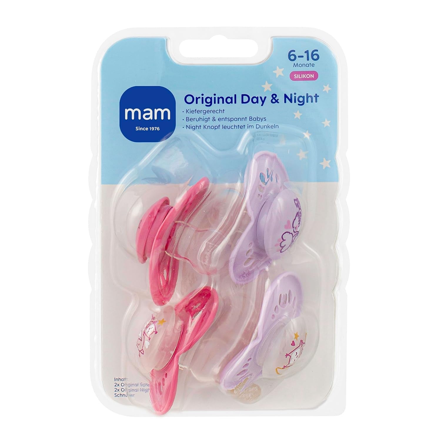 MAM Original Day & Night Matt Schnuller | 6-16 Monate | Schnullerset | Akzeptanz 94 % | Verhindert unerwünschte Zahnausrichtung | Gemeinsam mit Zahnärzten entwickelt Silicone SkinSoft | Vogel-/Eulenmuster | 4 Stück