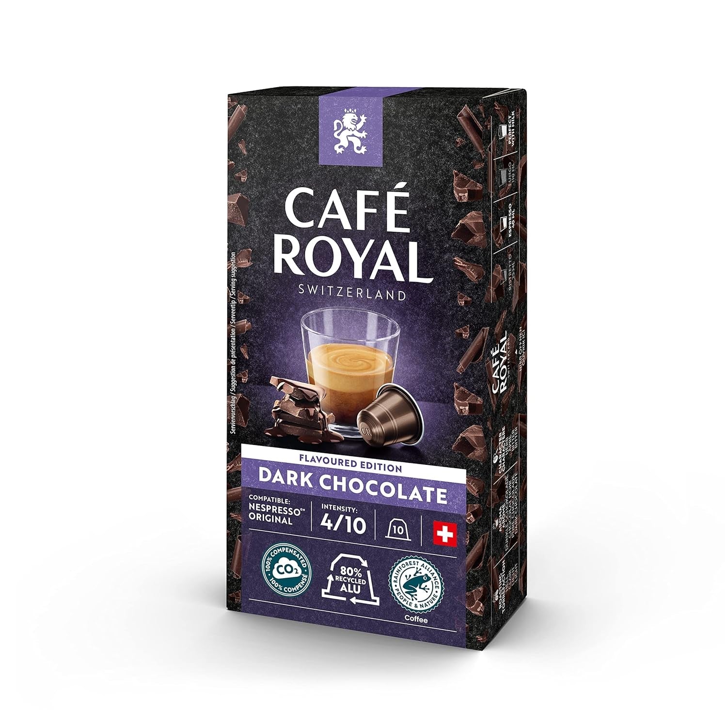 Café Royal Dark Chocolate Flavoured 100 Kapseln für Nespresso Kaffee Maschine – 4/10 Intensität – UTZ-zertifiziert, aus Aluminium & Lungo 36 Kapseln für Nespresso Kaffee Maschine – 4/10 Intensität