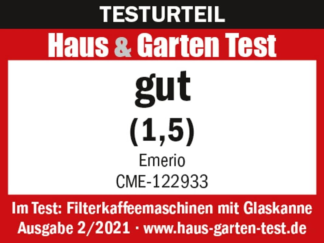 Emerio CME-122933, Filterkaffeemaschine, 1,25 l für bis zu 10 Tassen frischen Kaffee, permanent herausnehmbarer Filter, Anti-Tropf-Funktion, Glaskaraffe, automatische Abschaltung, 1000 Watt, schwarz/silber