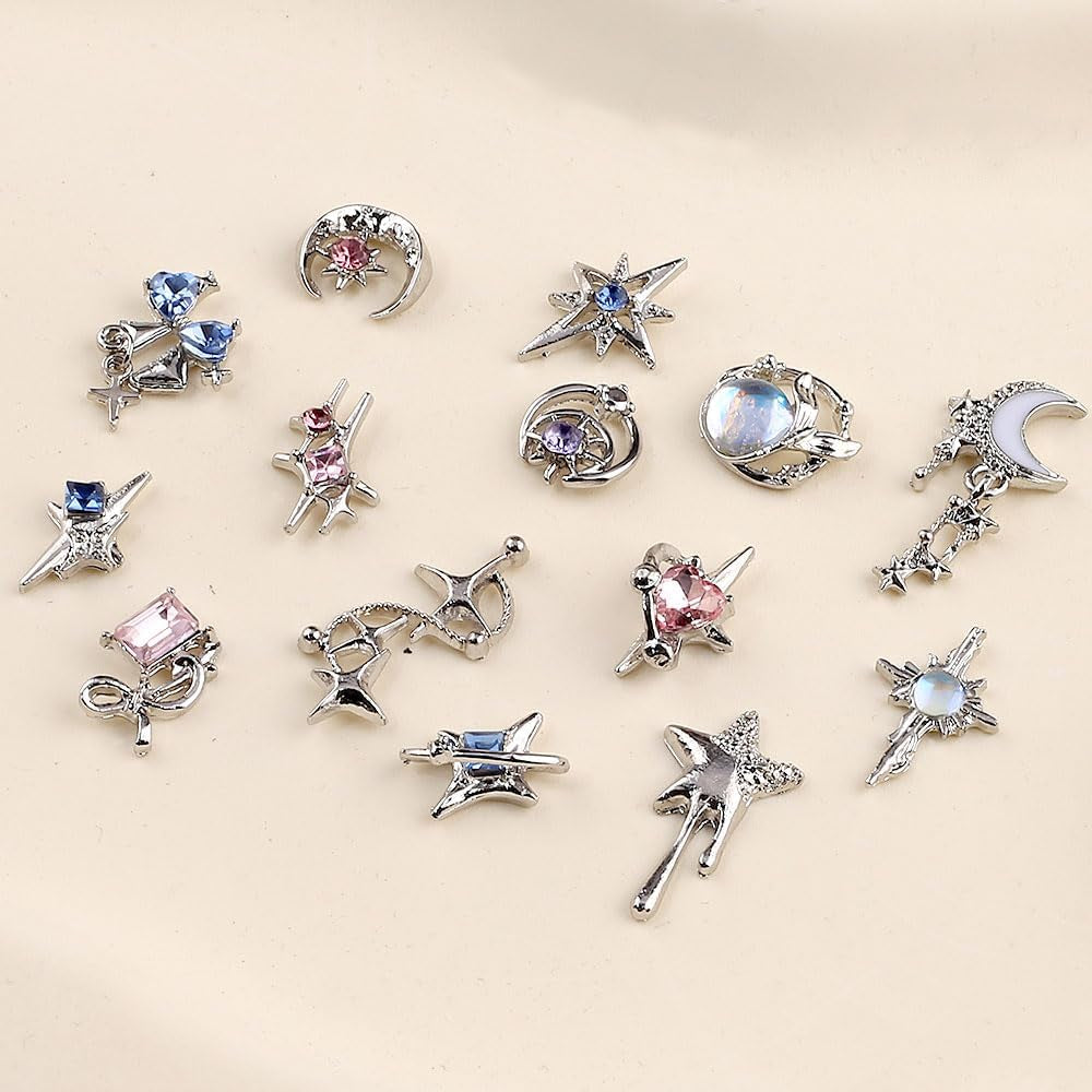 16 Stile Luxus Mond Stern Nagel Charms 3D Nail Charms Y2K Legierung Strasssteine ​​​​Bogen Schmetterling Nagel Schmuck Metall Nail Art Charms Nägel Glitzersteine ​​​​Nailart Rhinestones Nageldesign Zubehör