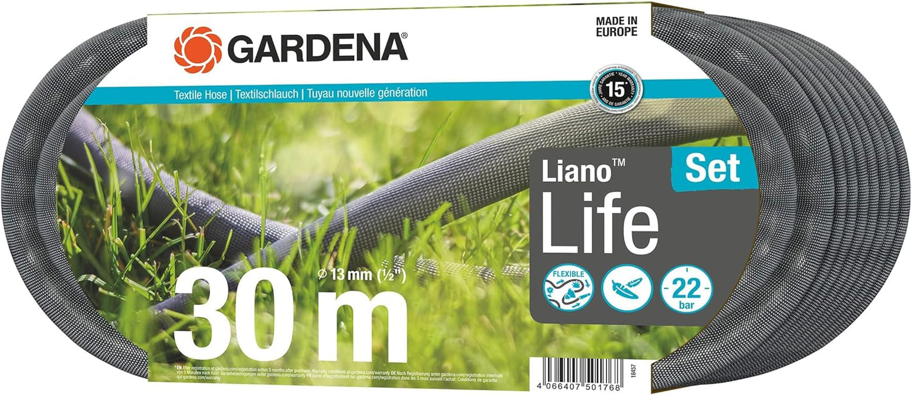 Gardena Liano Life 1/2 Zoll Textilschlauch, Set 30m: Extrem flexibler Textil-Gartenschlauch mit PVC-Innenschlauch, knickfrei, leicht, wetterfest (18457-20)