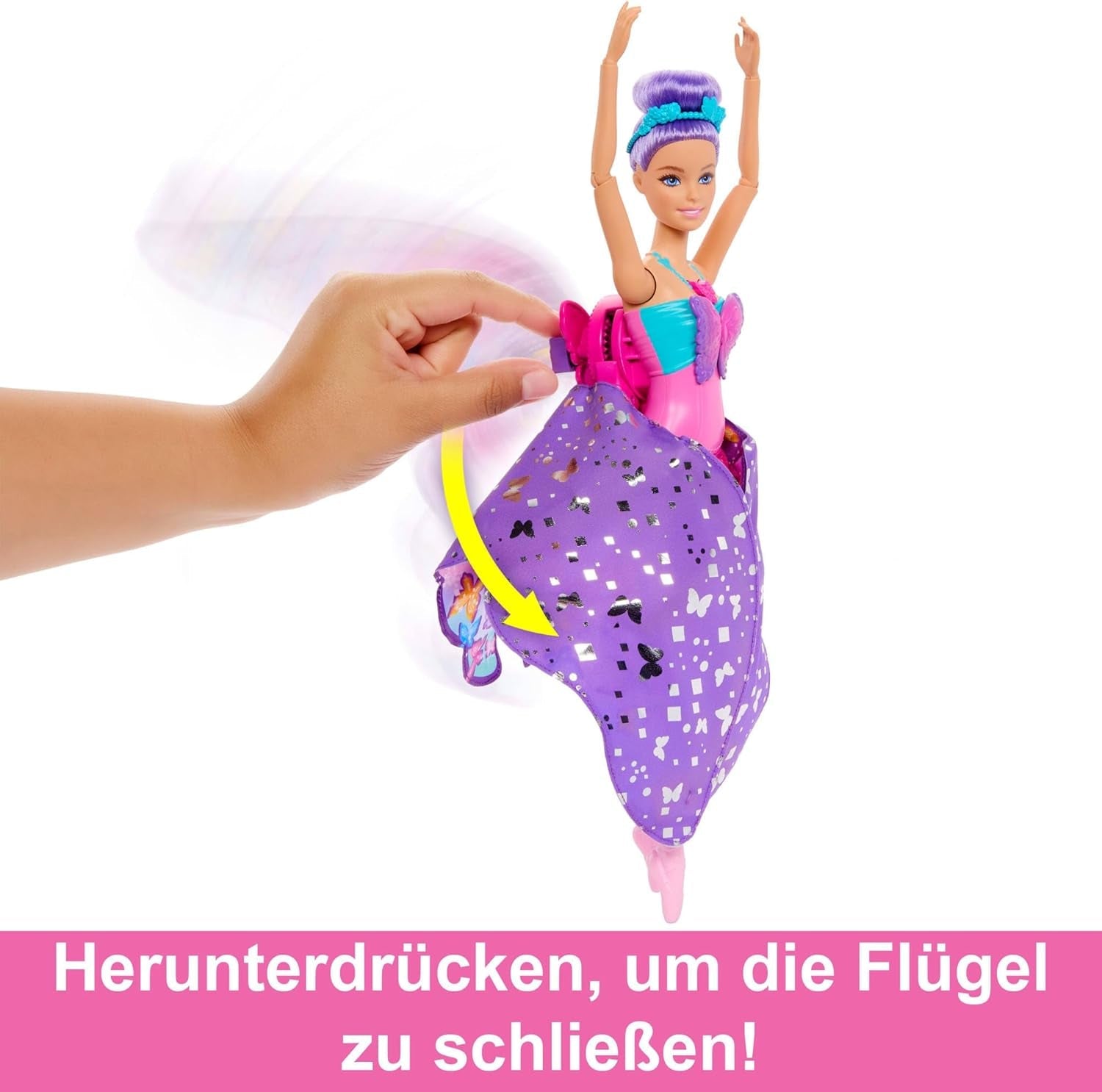 Barbie Dance And Flutter 2-in-1-Tänzerin-zu-Schmetterling-Verwandlungspuppe mit aufklappbaren Flügeln, lila Haaren, Haarschmuck und abnehmbarem Tutu, HXJ10 Naty Shop Dolls