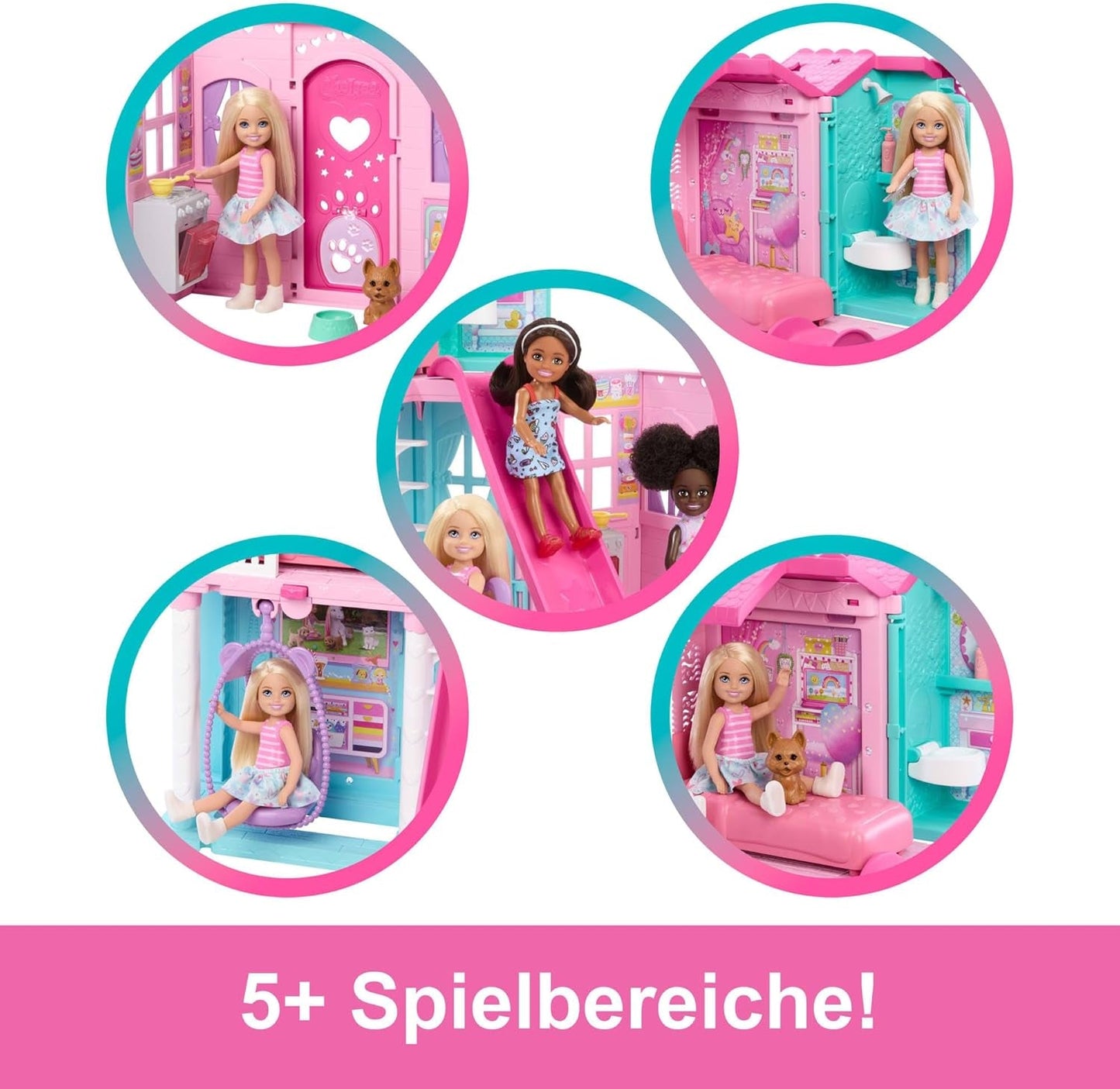 Barbie Chelsea-Puppenhaus mit mehr als 15 Zubehörteilen, Pop-up-Haus erweiterbar auf über 42 x 33 cm mit 5 Spielbereichen und einer Rutsche, mit einer kleinen Puppe und einem Hund, JFW49
