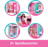 Barbie Chelsea-Puppenhaus mit mehr als 15 Zubehörteilen, Pop-up-Haus erweiterbar auf über 42 x 33 cm mit 5 Spielbereichen und einer Rutsche, mit einer kleinen Puppe und einem Hund, JFW49