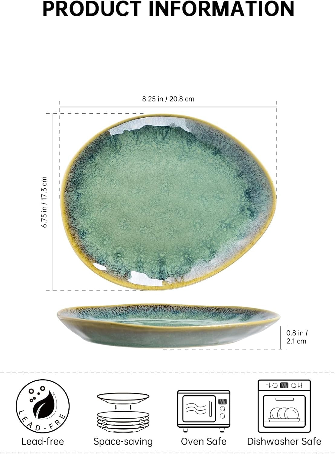Henten Home Special Steinzeugteller, Snack- und Saucenschalen – 20 x 17 cm für 4 Personen, Frühstücksteller aus Porzellan – modernes grünes Design