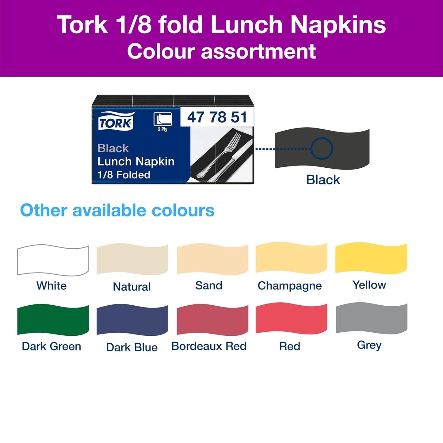 Tork 477851 Schwarze 1/8-Falz-Lunchservietten / 2-lagige vorgefaltete Papierservietten für Snacks oder kleine Mahlzeiten / Erweiterte Qualität / 10 x 200 (2000) Servietten / 32,6 x 33 cm (L x B)