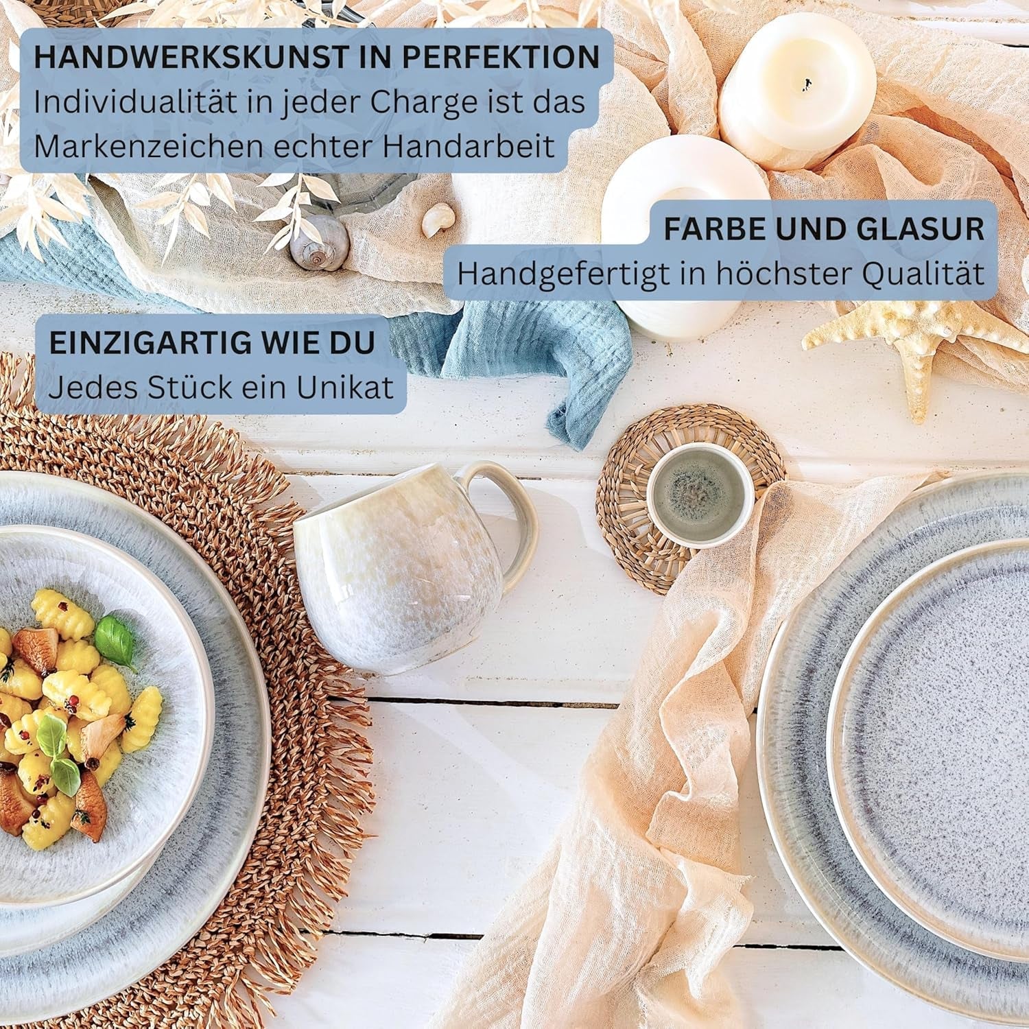 SANGER | 12-teiliges Santorini-Geschirrset, 4-Personen-Tellerset, SEHR GUT bewertetes Steinzeug-Geschirrset, einschließlich Speisetellern, Desserttellern und Suma-Tellern, Farbverlauf Creme-Flieder-Blau | DIE PREMIUM-KOLLEKTION