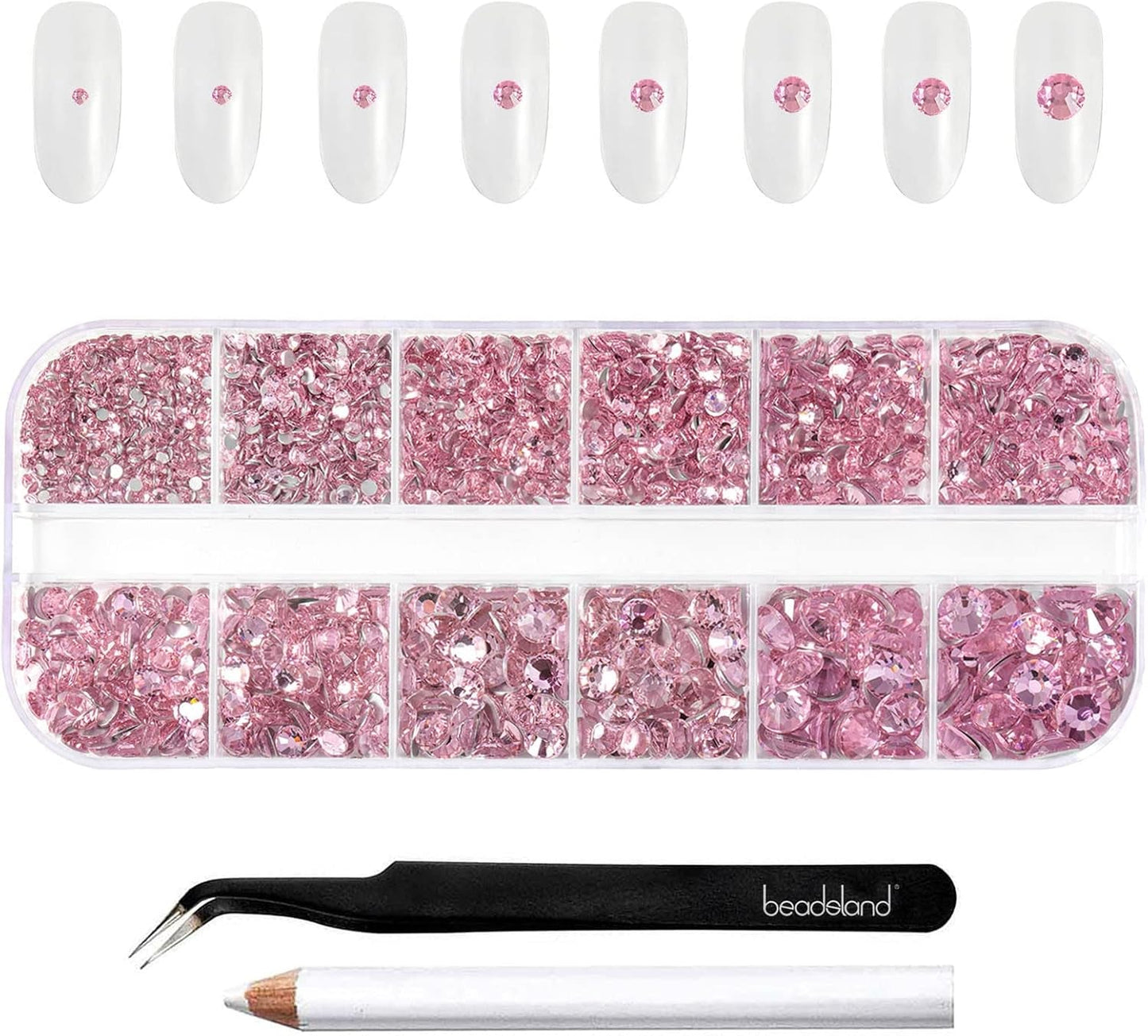Beadsland 2500 Stück Glas Nailart Strasssteine ​​​​Kristall Flatback Edelsteine ​​​​Runde, ​​Für Handwerk Gemischt 8 Größen SS4 ~ SS30 Mit Picking Pinzette Und Stift (Kristall Weiß)