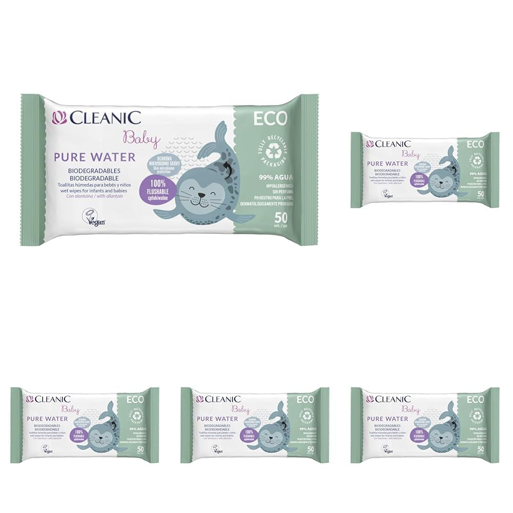 Cleanic Baby Eco Pure Water Feuchttücher – (1 x 50 Stk.) Feuchttücher für Kinder und Kleinkinder – parfümfrei, abspülbar, empfindliche Haut – 50 Stk.