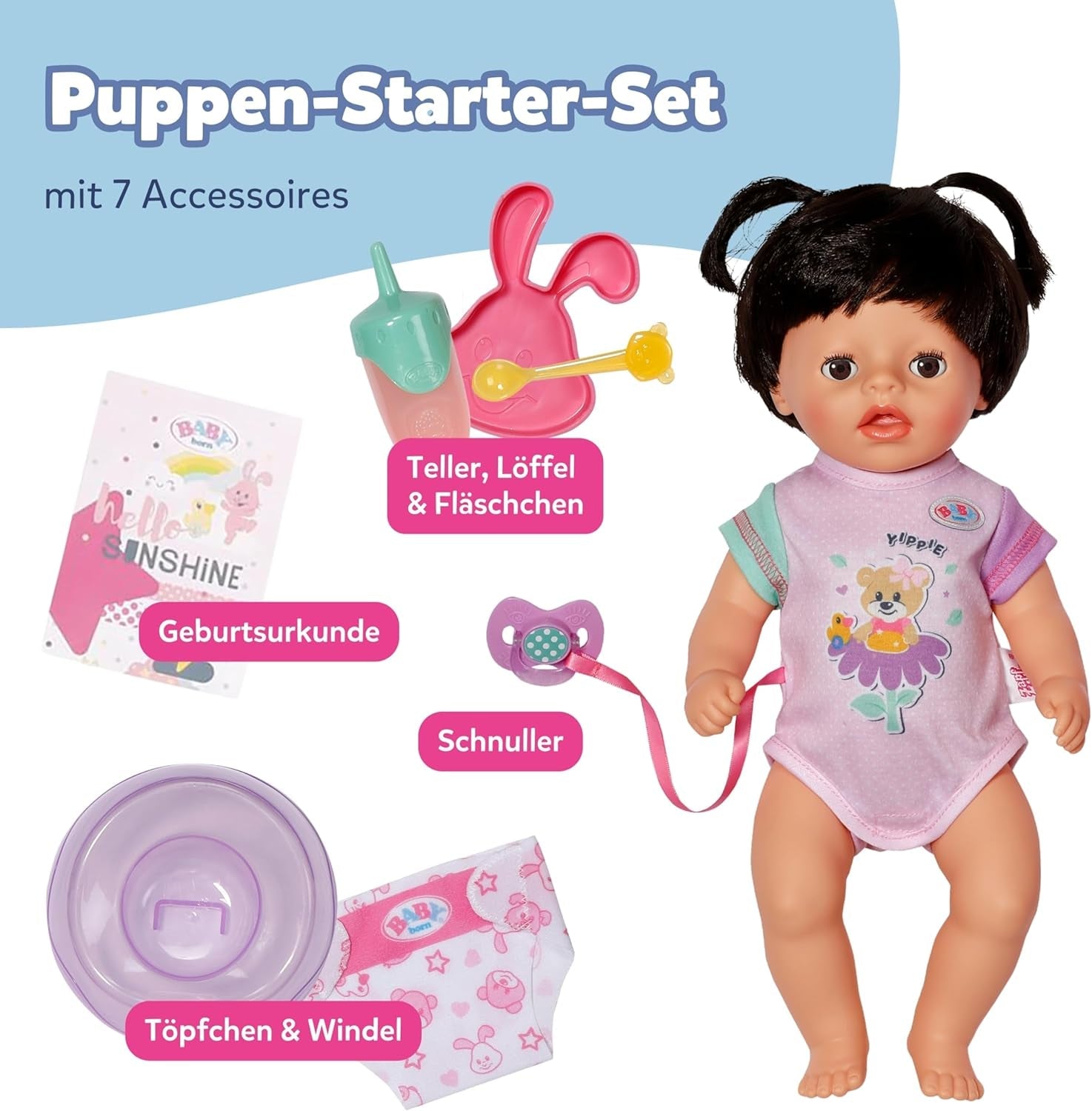 BABY Born Amy – 36 cm große Puppe – Babypuppe mit 7 Funktionen für Kleinkinder ab 1 Jahr – Funktioniert ohne Batterien – Inklusive Zubehör und Matratze