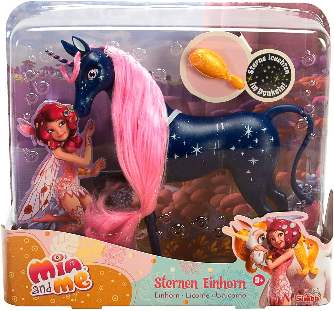 Simba 109483043 – Mia and Me Sterneneinhorn 25 cm, Spielzeugpferd mit im Dunkeln leuchtenden Sternen am Körper und Haarbürste, ab 3 Jahren