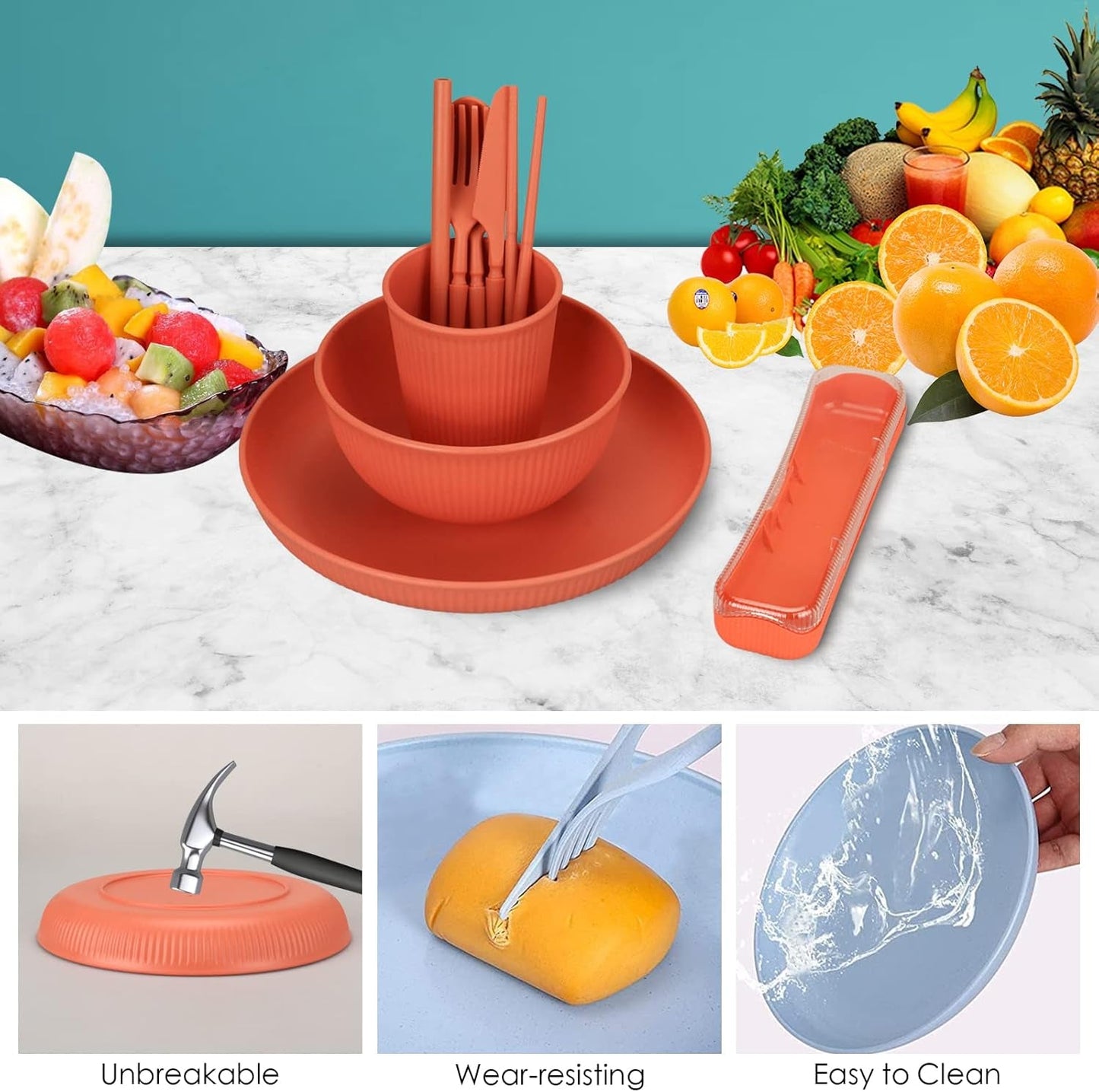 Unzerstörbares 6-Personen-Besteckset, Campingbesteck-Set, 66-teilig, Kunststoff-Picknickbesteck-Sets, leichtes, buntes BBQ-Kunststoff-Servierteller, Schüsseln, Besteck-Set