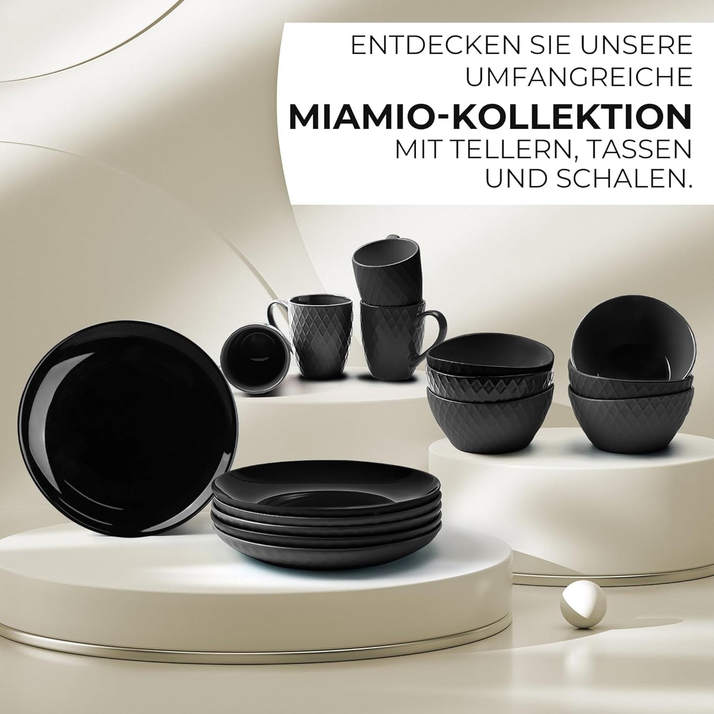 MIAMIO – 6-teiliges modernes Keramik-Geschirr/Teller-Set für 6 – Palmanova-Kollektion (Schwarz, große Teller (6x))