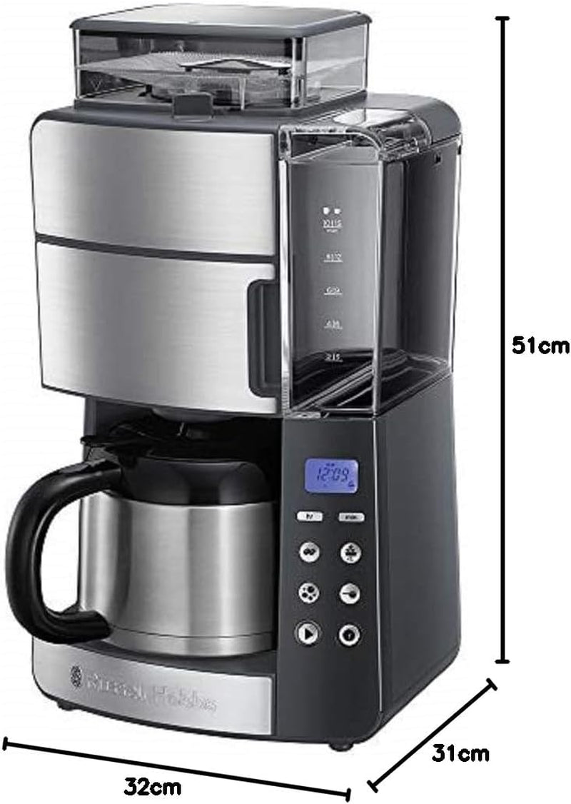 Russell Hobbs Kaffeemaschine mit Mahlwerk und Thermokaraffe [Digitaler Timer, Duschkopf für optimale Extraktion und Aroma] Grind&Brew (1–10 Tassen, 3 Mahlgradeinstellungen) Filterkaffeemaschine 25620-56