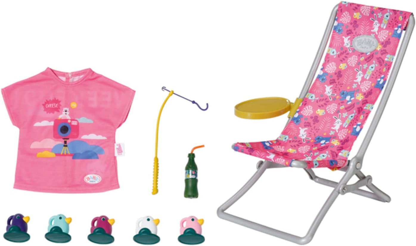 BABY born 832790 Weekend Fishing – Angelpuppen-Zubehörset mit lebendig bedruckter Liege, Beistelltisch, Glas, Korb, Entenküken und Angelrute sowie rosa langem Hemd, Pink