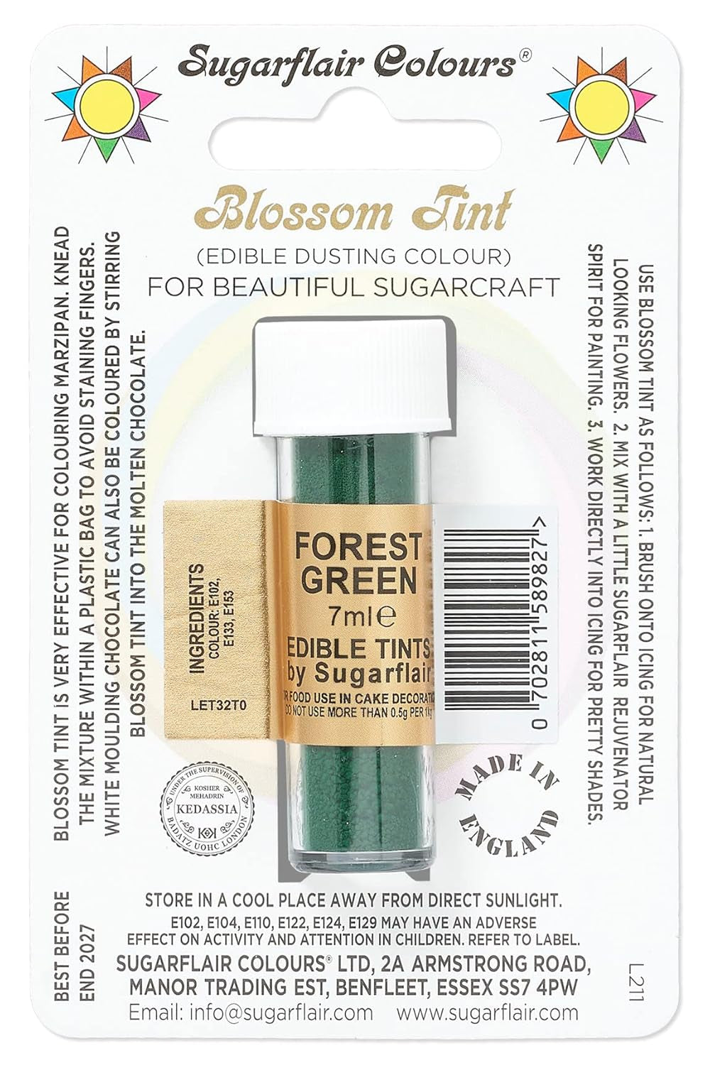 Lebensmittelfarbpulver Sugarflair Blossom Tint Dusting Forest Green – Lebensmittelfarbpulver zum Dekorieren von farbiger Zuckerpaste, Fondant, Glasur, Schokolade, Buttercreme, Makronen – 7 ml