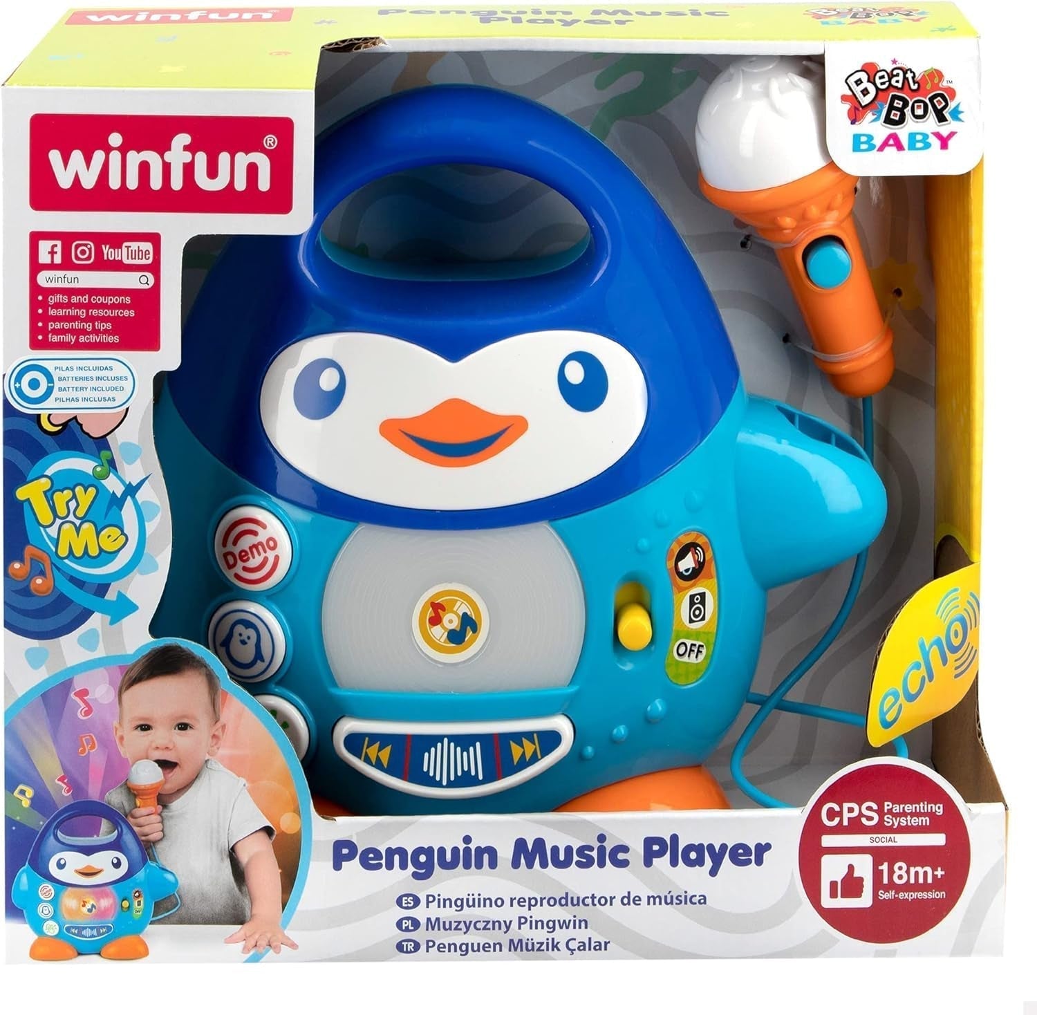 WinFun Karaoke-Musikplayer, Pinguin-Design, mit blinkenden Lichtern und Echoeffekten, in Blau, verspielter Stil, USB-Anschluss Babyspielzeug Naty Shop