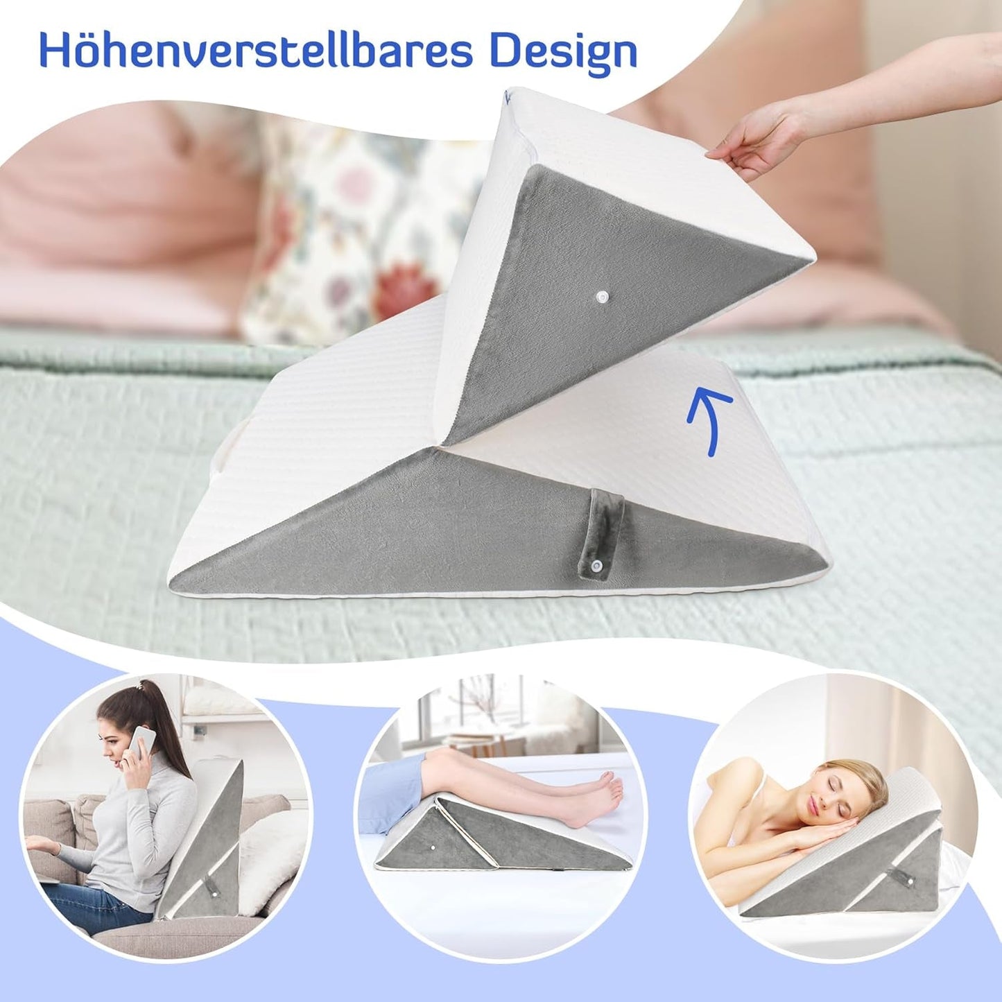 Verstellbares Keilkissen für Kinder, hochdichtes Schaumstoff-Lesekissen für Bett und Sofa, ergonomisches Bettkeil-Kopfkissen für Schlaf-Reflux-Apnoe, Beinkissen/Rückenkissen zum Spielen und Lesen (weiß und grau)