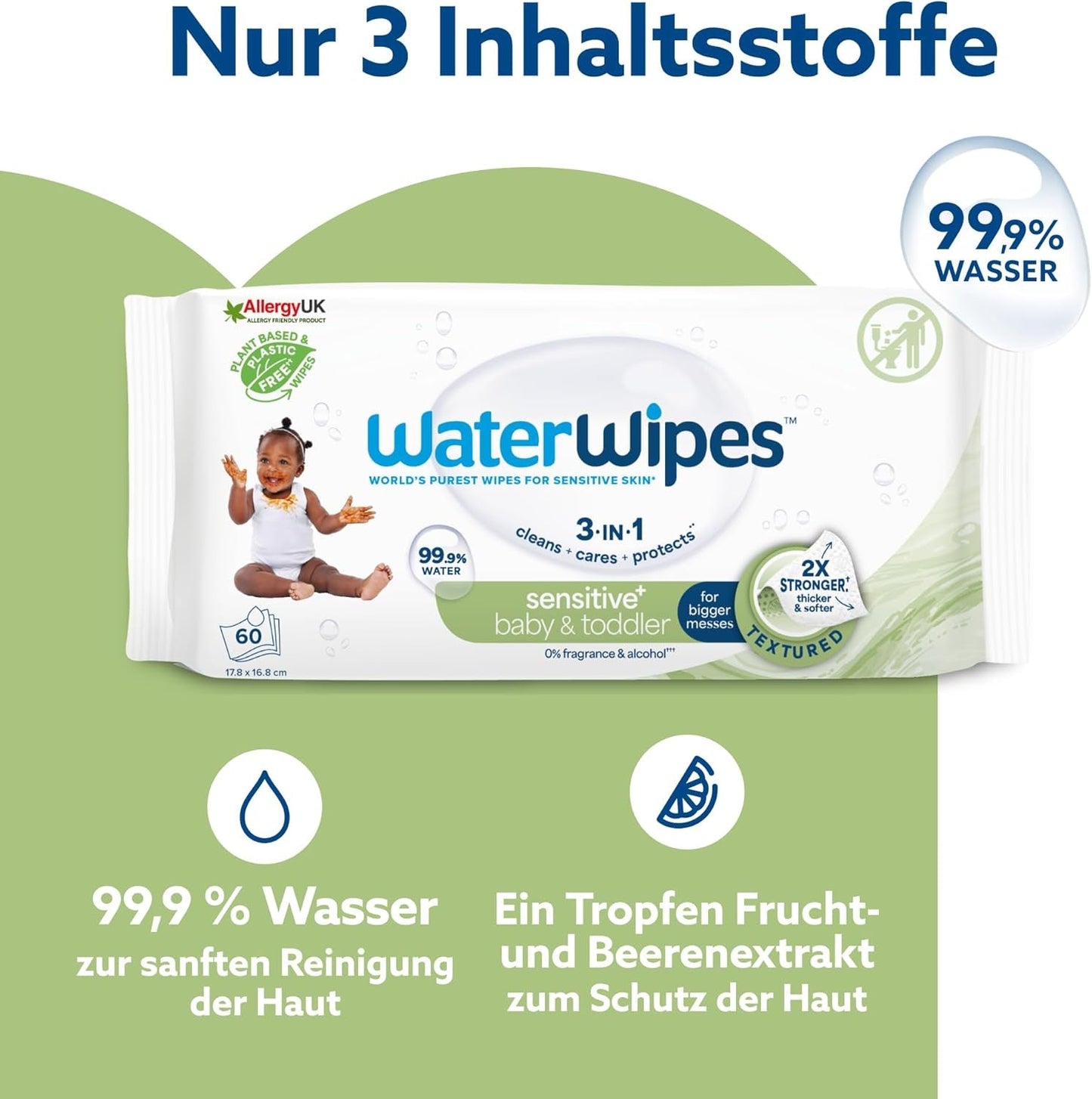 WaterWipes Sensitive+ Feuchttücher für Babys und Kleinkinder, 720 Stück (12er-Pack), 3-in-1-Reinigung, Pflege, Schutz, 99,9 % Wasser, strukturierte Reinigung, parfümfrei