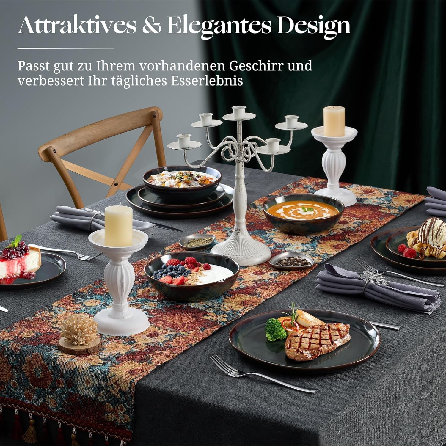 6-Personen-Geschirrset, 18-teiliges Steinzeug-Servierset, unregelmäßige runde Müslischalen, Dessertteller, Speiseteller, kratzfest, mikrowellengeeignet, reaktives Moosgrün
