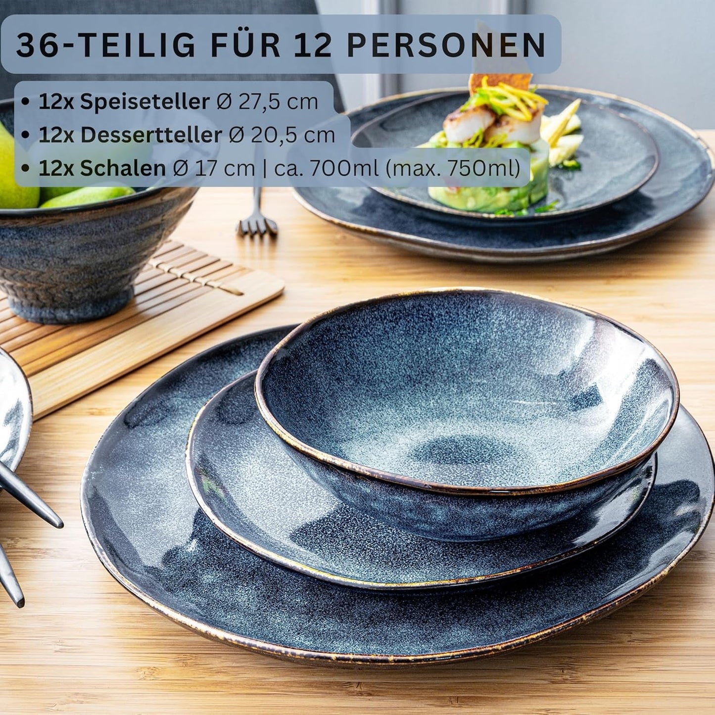 Sänger | Tokyo 36-teiliges Geschirrset, 12-Personen-Geschirrset aus Porzellan, modernes handgefertigtes dunkelblaues Geschirr mit schwarzen Akzenten | DIE PREMIUM-KOLLEKTION