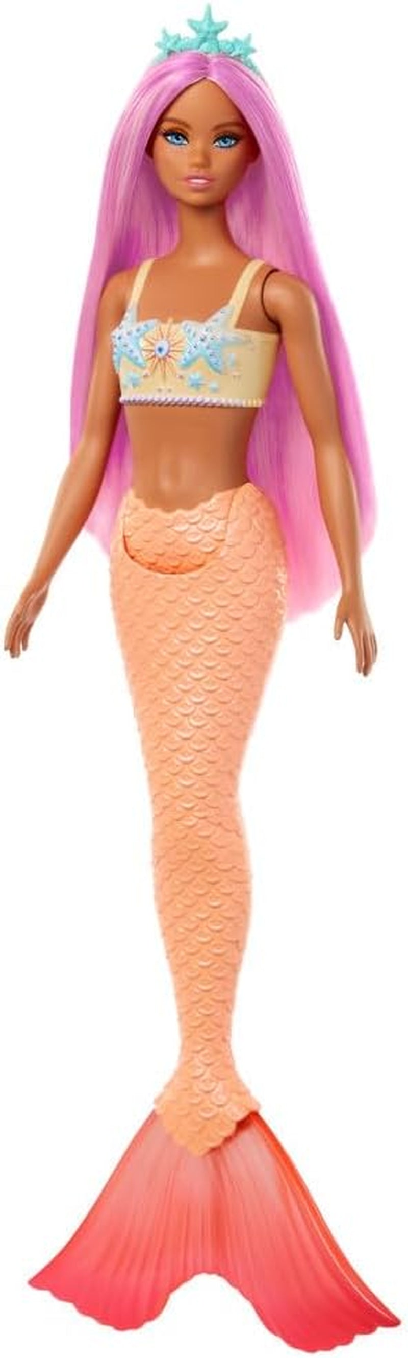 Barbie-Meerjungfrau-Puppe mit rosa und lilafarbenem Haar und Stirnband, Muscheloberteil und lavendelblauer Schwanzflosse, HRR06 Naty Shop Puppen-Meerjungfrau mit orangefarbener Flosse
