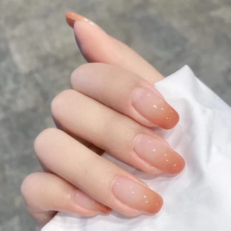 24 Stück French Press On Kurze Nägel Sarg Künstliche Nägel Koralle Rosa Ombre Klebenägel Ballerina Nagelset Acryl Nagelspitzen Damen Frühling Sommer Nagelzubehör