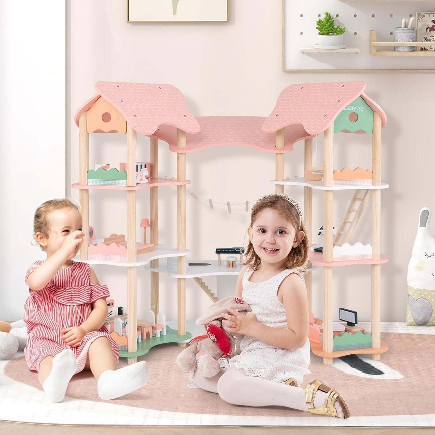 FANTASK Puppenhaus aus Holz, 85 cm hoch, 7-Zimmer-Puppenhaus mit 32 Möbeln und Zubehör, Puppenhaus mit Strickleiter, Puppenhaus-Geschenk für 3-jährige Mädchen (Modell 3) Naty Shop Puppenhäuser