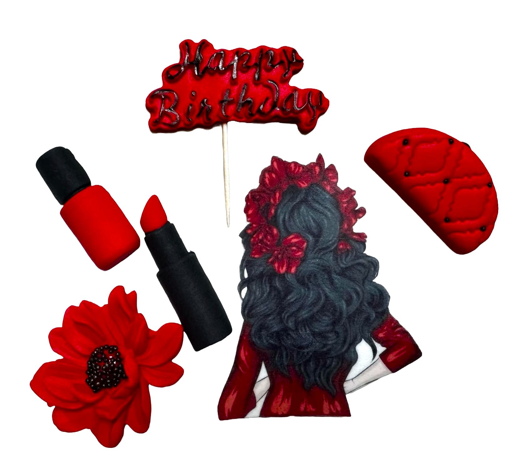 Set mit 6 essbaren Zuckerpaste-Dekorationen, schöne Dame, rote und schwarze Zuckerpaste-Dekorationen, Naty Shop