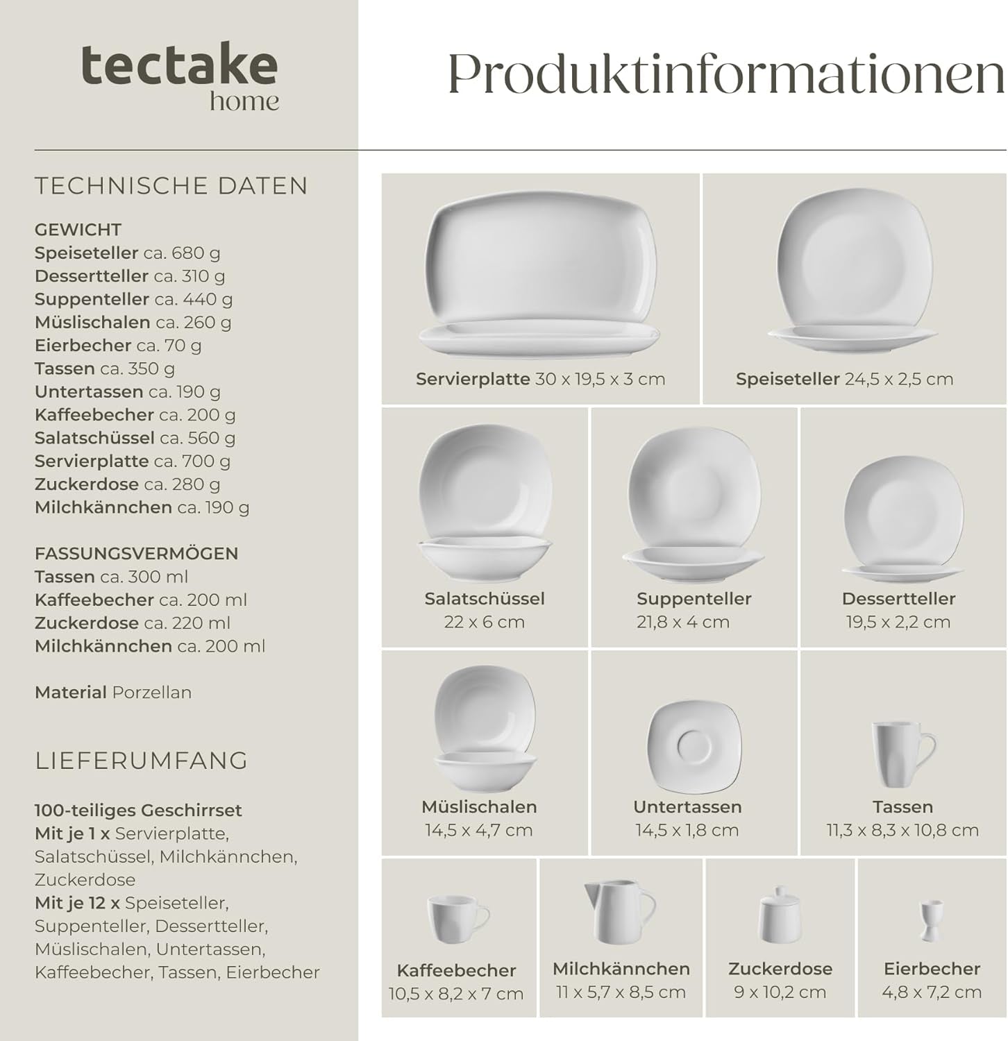 tectake® 12-Personen-Geschirrset, 100-teiliges Porzellan-Geschirrset, bestehend aus 12 Tellern, 12 Desserttellern, 12 Speisetellern, 12 Tassen, 12 Müslischalen, Salatschüssel, Milchkännchen, Zuckerdose