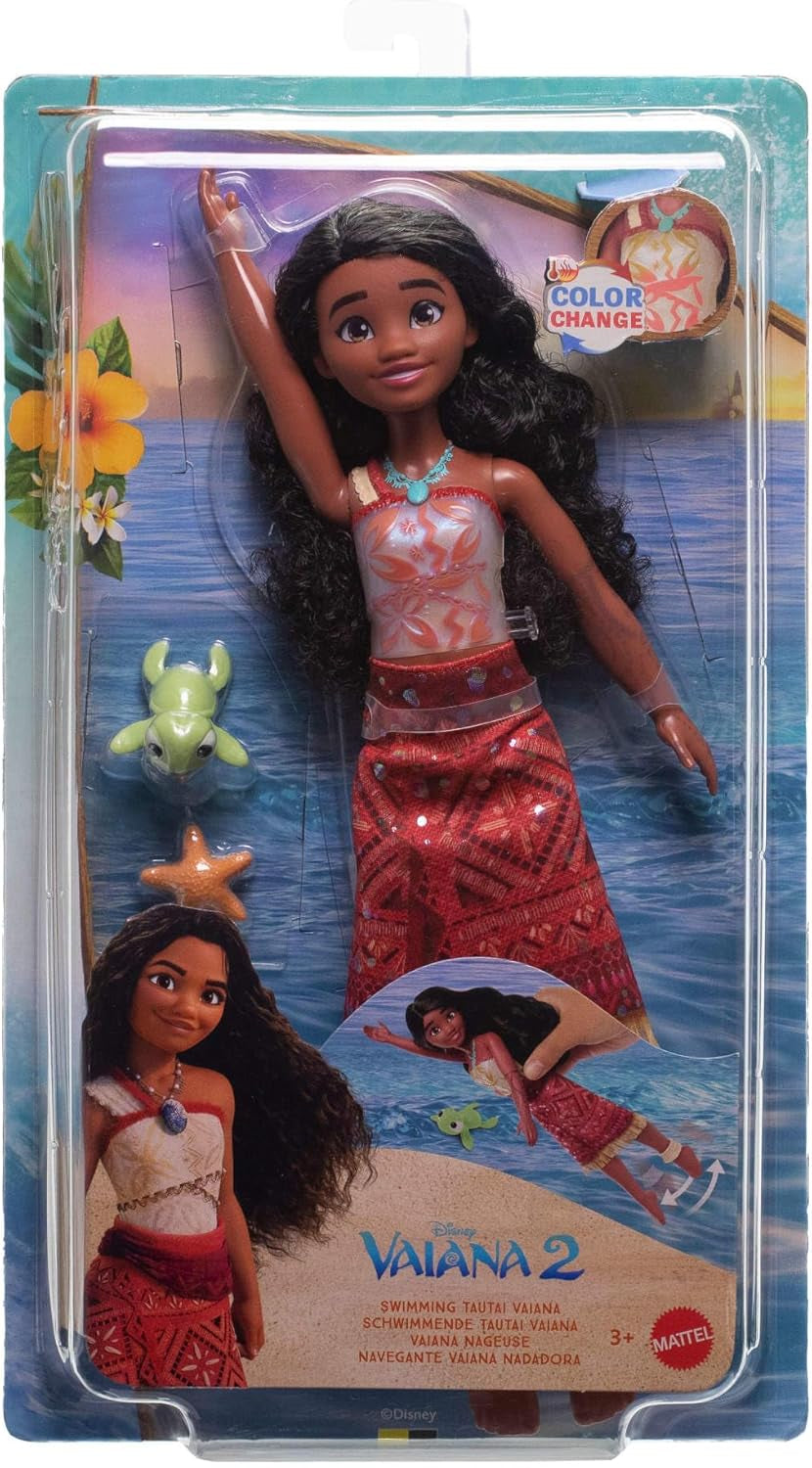 Mattel Toys Disney Moana 2 Tautai Moana schwimmende Modepuppe mit 2 Zubehörteilen, farbwechselndem Oberteil und Beinen für Schwimmbewegungen, vom Film inspiriert JFF09