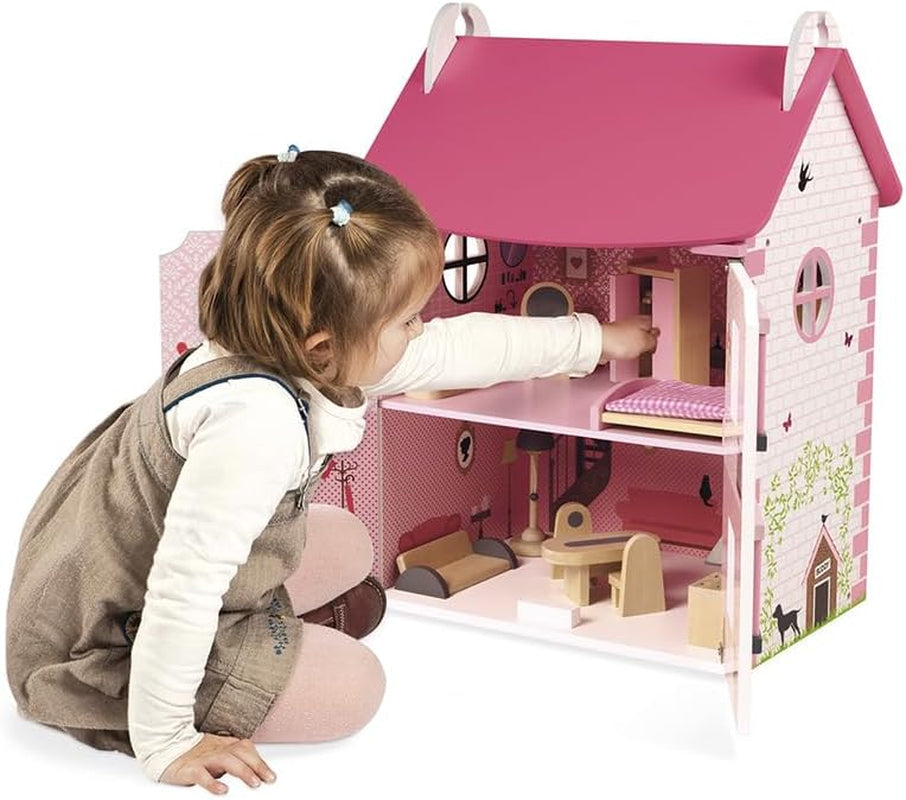 Janod - Mademoiselle Puppenhaus aus Holz, 3 Etagen und 11 Zubehörteile, Spielzeugnachbildung, fördert die Fantasie, ab 3 Jahren, J06581, Pink Naty Shop Dollhouses