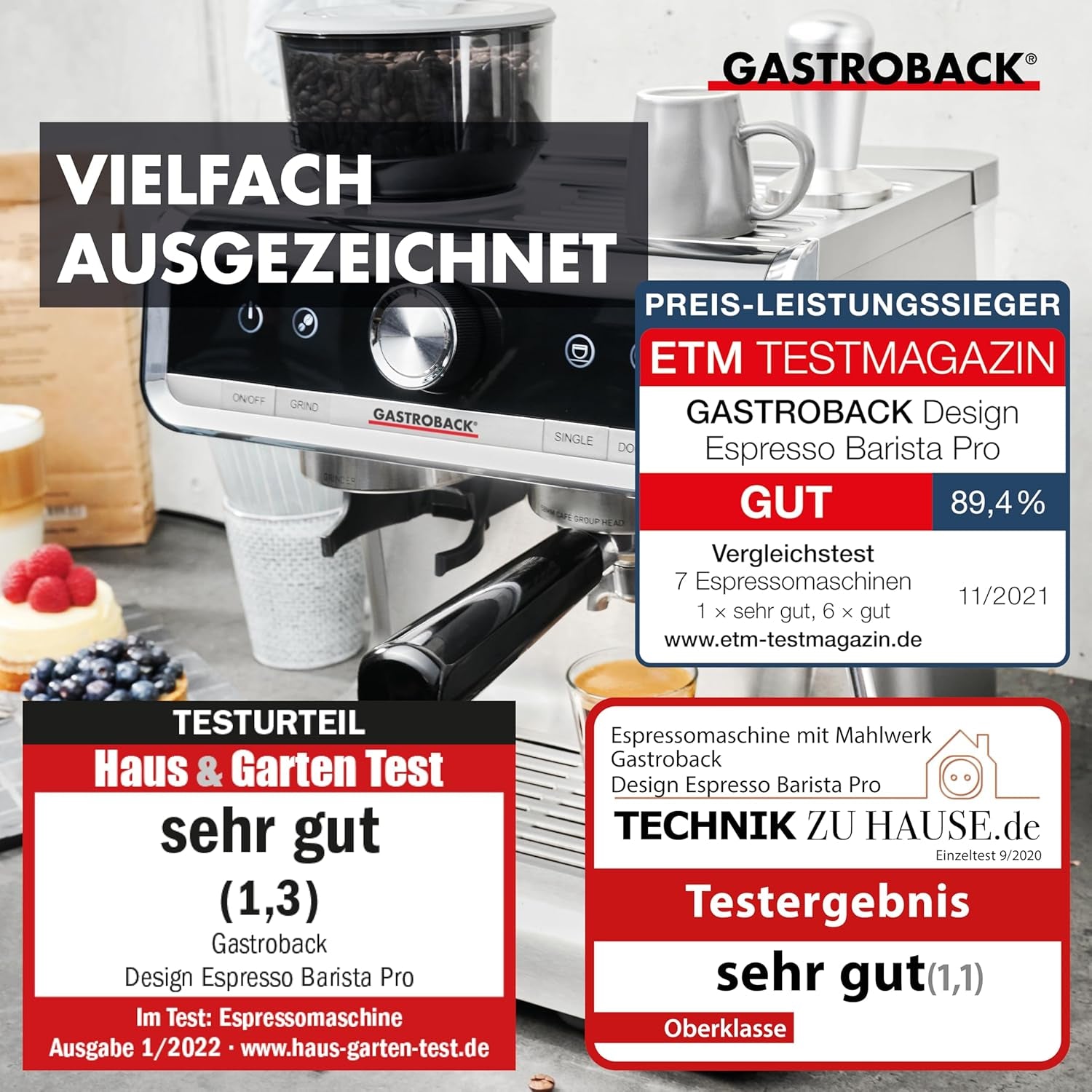GASTROBACK Espressomaschine mit Mahlwerk inklusive Milchkännchen, Presser und Edelstahl-Siebträger – Barista-Espressomaschine mit Milchaufschäumer – Espressomaschine mit 30 Mahlgradeinstellungen
