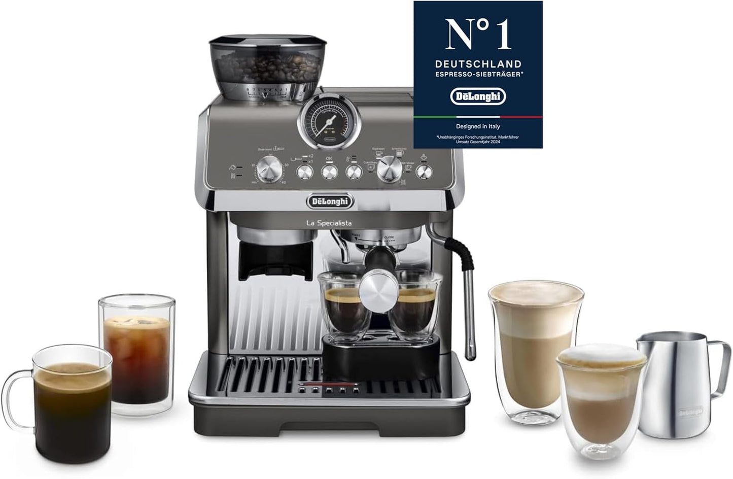 De'Longhi La Specialista Arte EC9155.MB Siebträger-Espressomaschine mit Mahlwerk, 8 Mahlgradeinstellungen, 15 bar Druck, 3 Temperatureinstellungen, Milchaufschäumer, 1550 W, 1,7 l Tank, Edelstahl/Schwarz, inklusive Barista-Kit