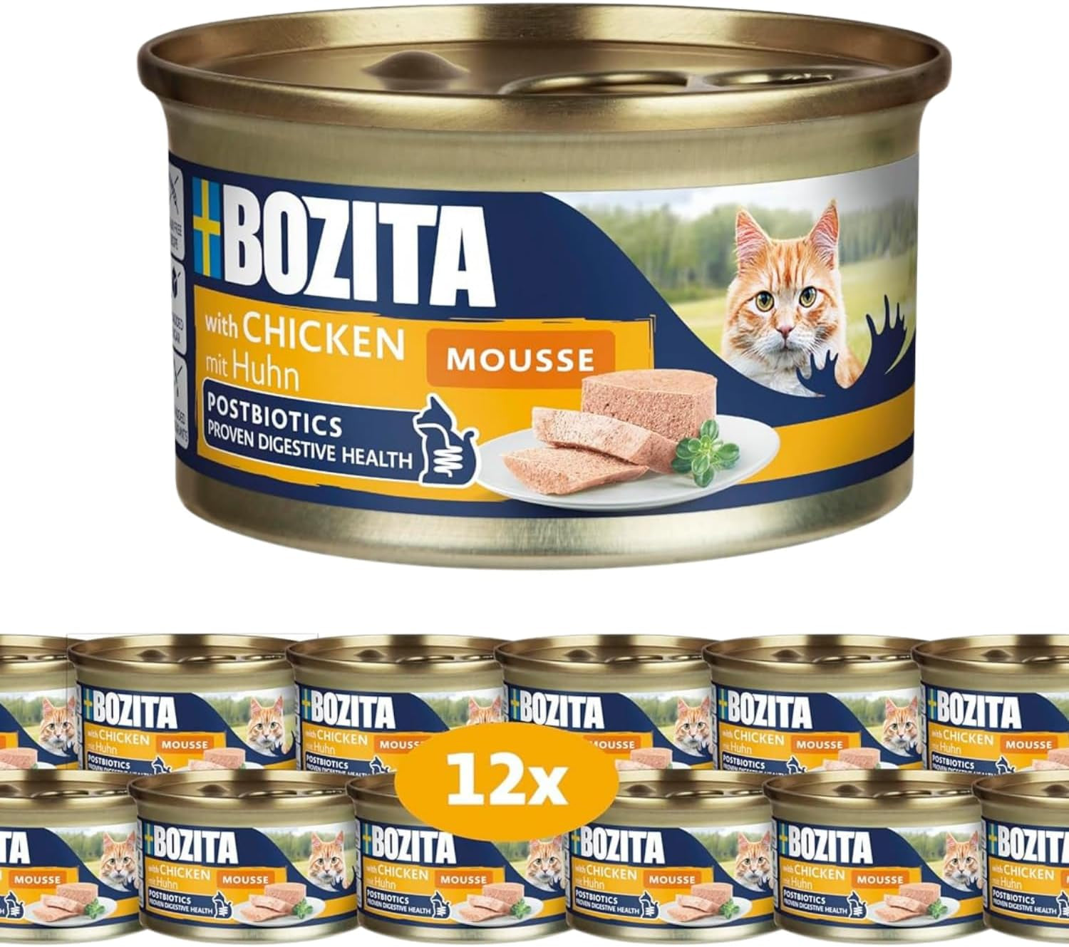 Bozita Mousse Chicken – 12 x 85 g Nassfutter für Katzen mit einer feinen Textur aus Mousse und Huhn – getreidefreie Rezeptur, ohne Zuckerzusatz – mit Postbiotika zur Unterstützung einer gesunden Darmflora