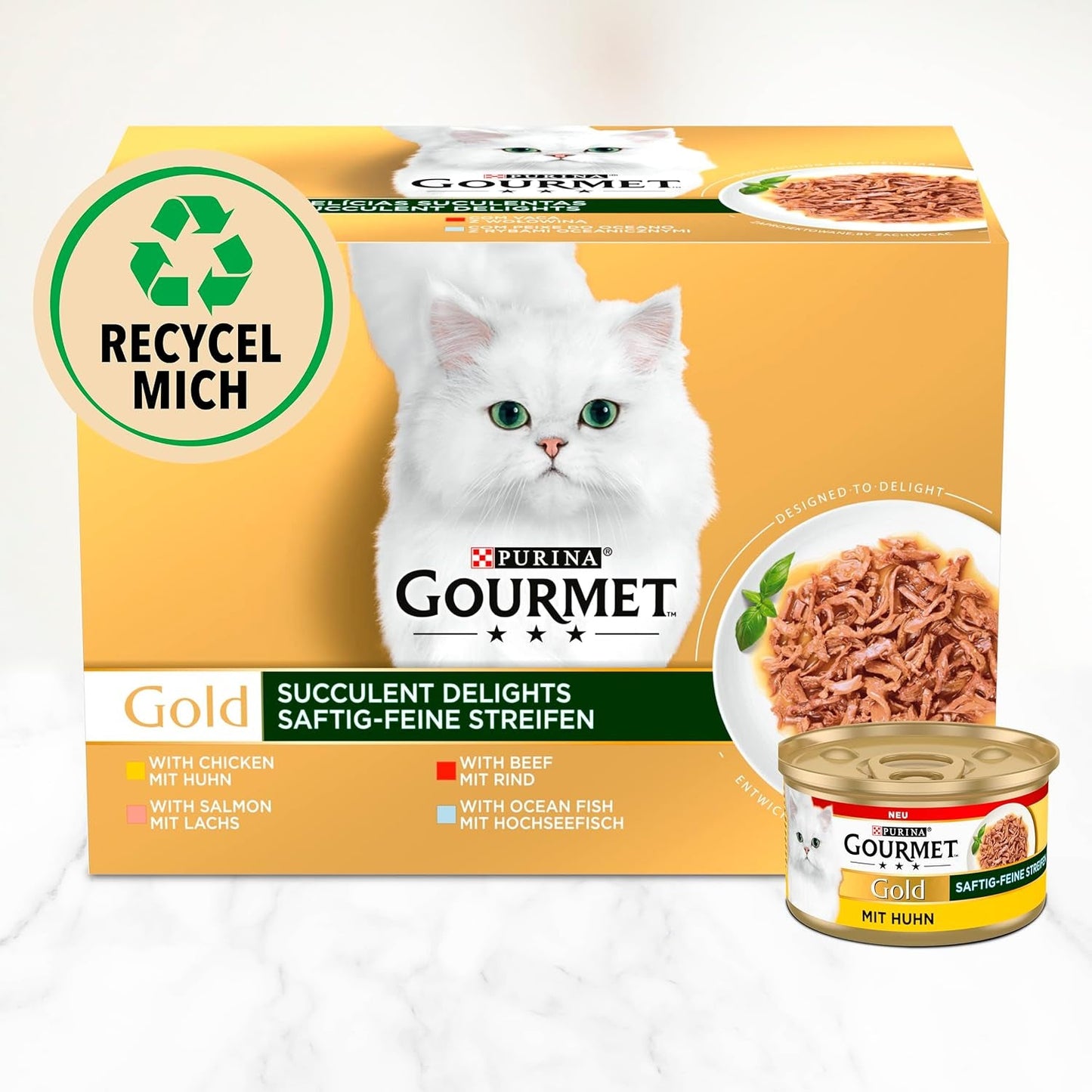 Gourmet Gold Succulent Fine Strips, Nassfutter für Katzen mit Huhn, 12er Pack (12 x 85 g)