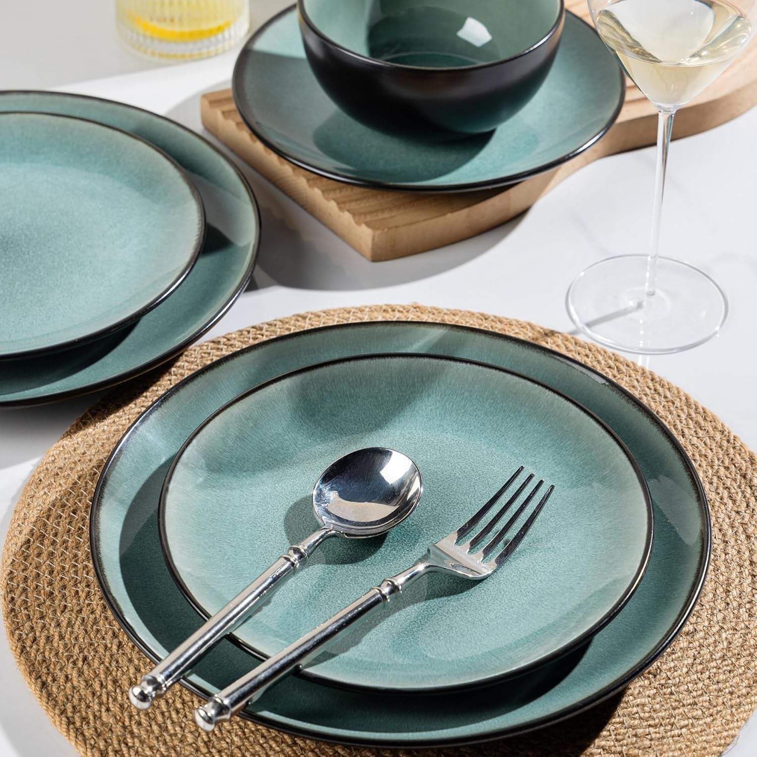 GBhome Porzellan-Geschirr-Set für 4 Personen, 12-teilig, mit reaktiver Glasur, handgefertigt, mikrowellen- und spülmaschinenfest, Schüssel- und Teller-Set, Benzinfarbe, GDW025WB-EU