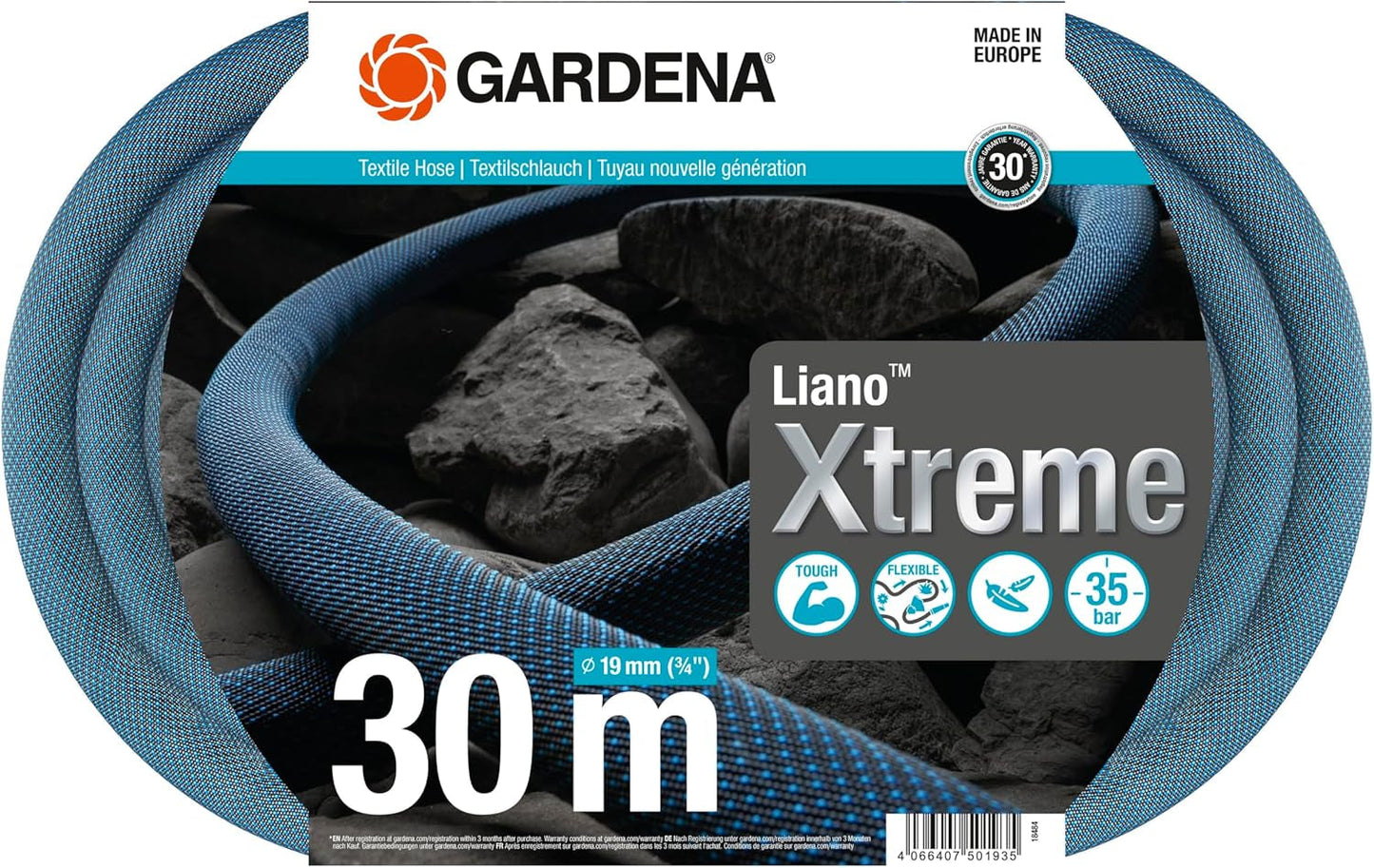 Gardena Liano Xtreme 3/4 Zoll, Set 30m: Extrem robuster Textil-Gartenschlauch mit PVC-Innenschlauch, leicht, wetterfest (18484-20), Mehrfarbig