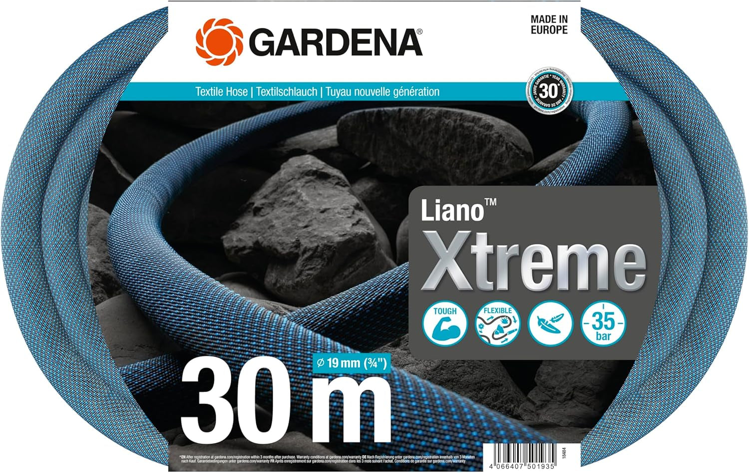Gardena Liano Xtreme 3/4 Zoll, Set 30m: Extrem robuster Textil-Gartenschlauch mit PVC-Innenschlauch, leicht, wetterfest (18484-20), Mehrfarbig