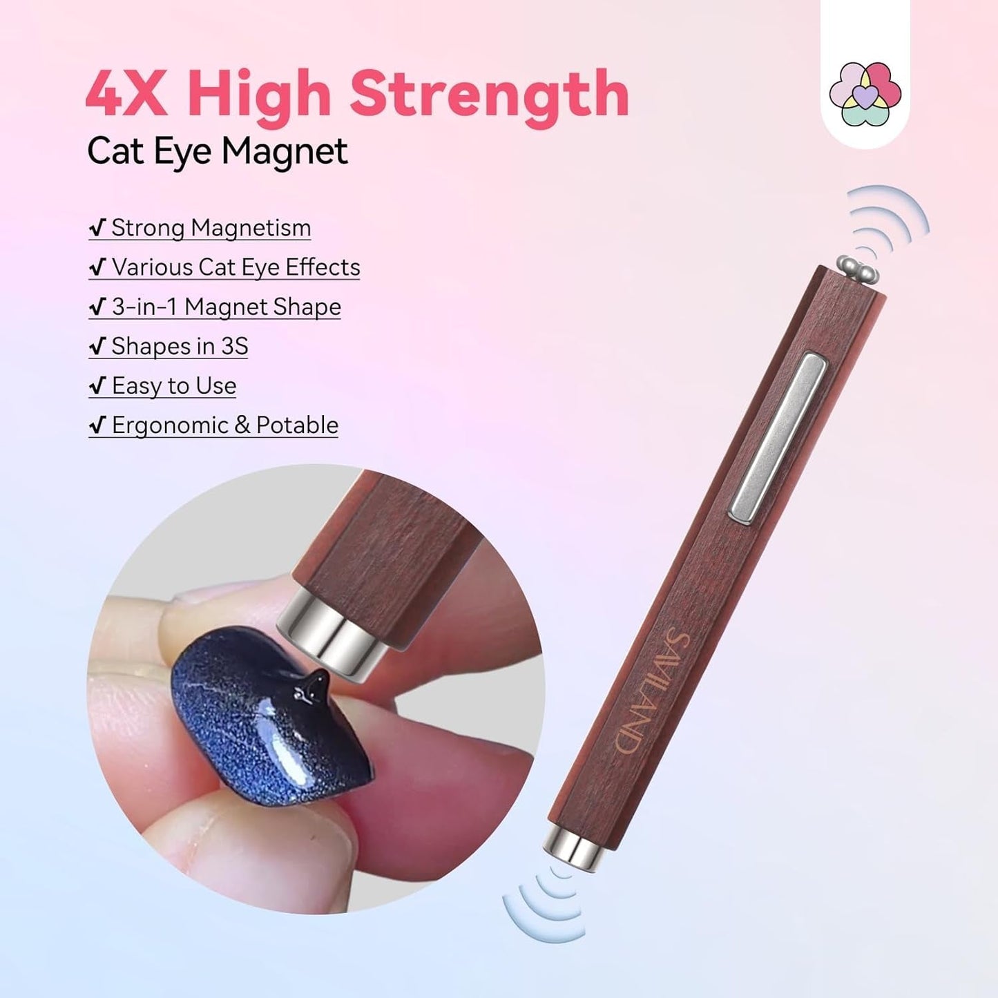 SAVILAND 4X Hochfester Cat Eye Magnet Für Nagel: 3-In-1 Nagel Magnet Rund Lange Streifenperle N35 Neodym Ultra Strong Magnet Für Nagellack Präzise 3S Formung Cat Eye Gel Nagellack Magnet Magnetstift