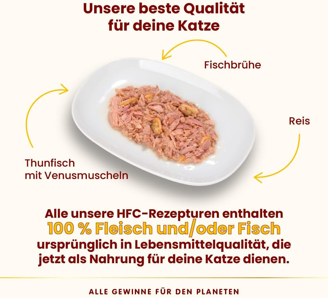 Almo Nature HFC Natürliches Nassfutter für Katzen – Thunfisch mit Muscheln, 24er-Pack (24 x 70 g)